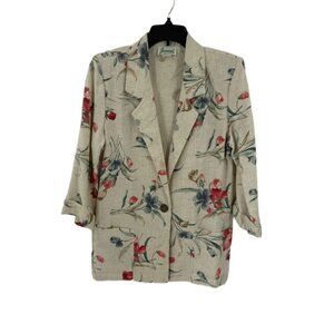 Vintage Joanna Linen Blazer Watercolor Floral Print Size Small Made in USA